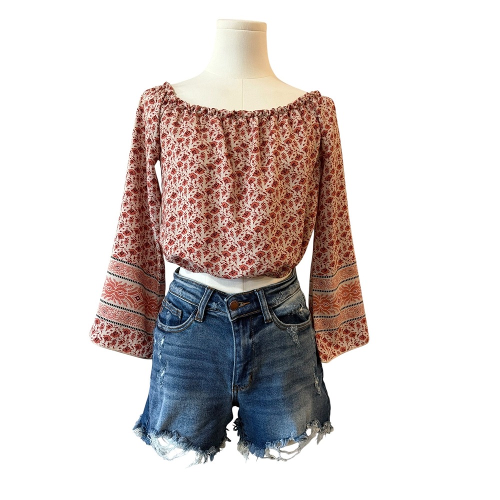 KLAXONS Bohemian Floral Off Shoulder Crop Top Terracotta Bell Sleeve S Boho Chic